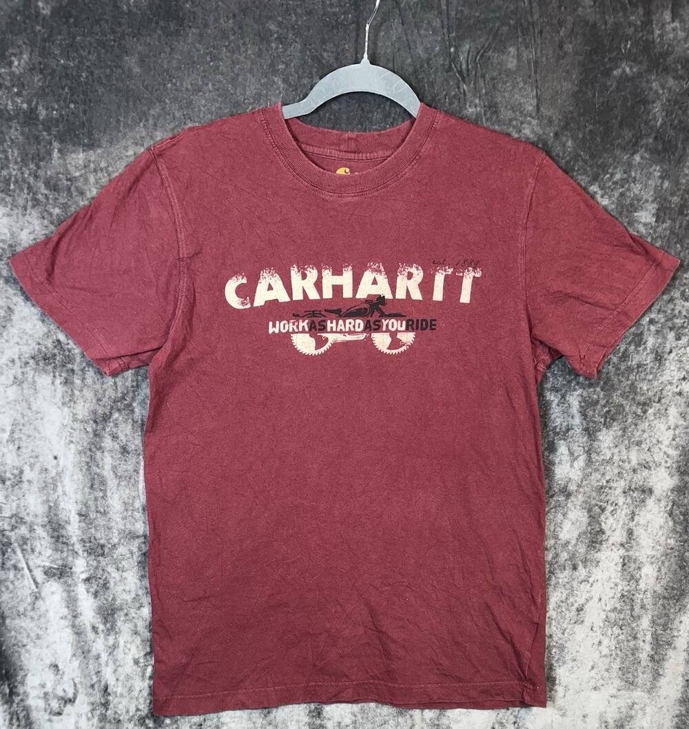 Carhartt Graphic T-Shirt Burgundy Red Size Small Work As Hard As You Ride